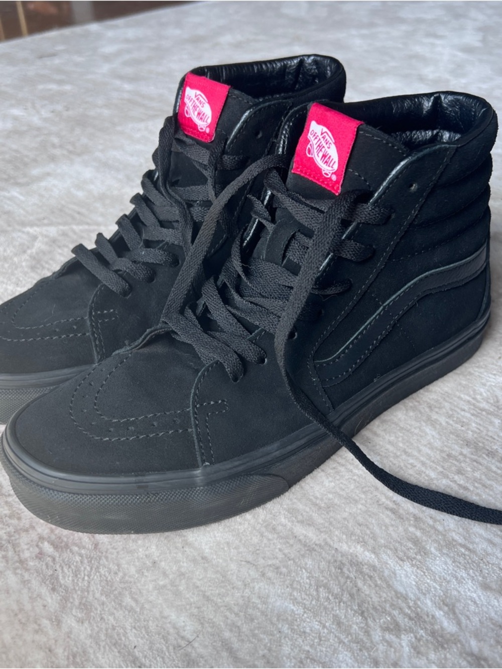 Vans Black Suede Sk8-Hi High Top Sneakers with Pink Logo Tag
